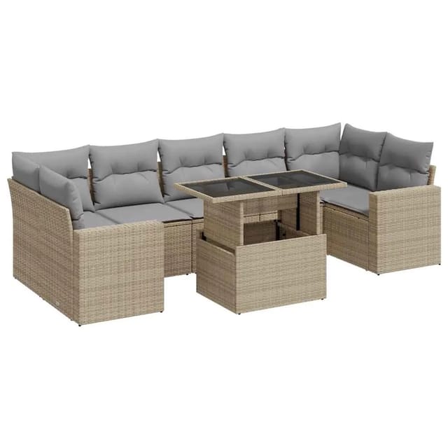 vidaXL 8-Tlg Garten-Sofagarnitur mit Kissen Beige Poly Rattan 3326280