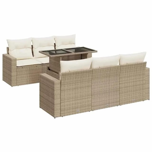 vidaXL 7-Tlg Garten-Sofagarnitur mit Kissen Beige Poly Rattan 3326259