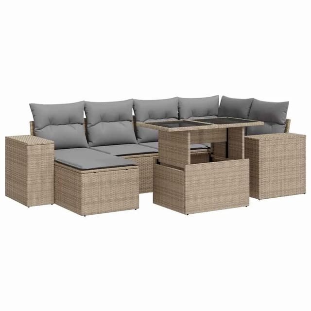 vidaXL 7-Tlg Garten-Sofagarnitur mit Kissen Beige Poly Rattan 3326830