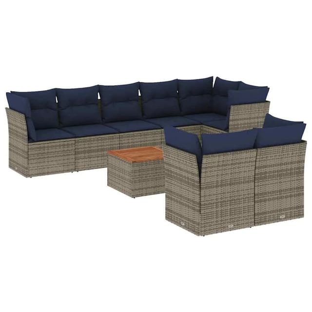 vidaXL 9-Tlg Garten-Sofagarnitur mit Kissen Grau Poly Rattan 3256068
