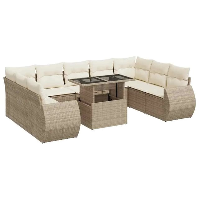 vidaXL 10-Tlg Garten-Sofagarnitur mit Kissen Beige Poly Rattan 3326699