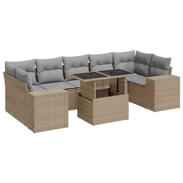 vidaXL 8-Tlg Garten-Sofagarnitur mit Kissen Beige Poly Rattan 3326760