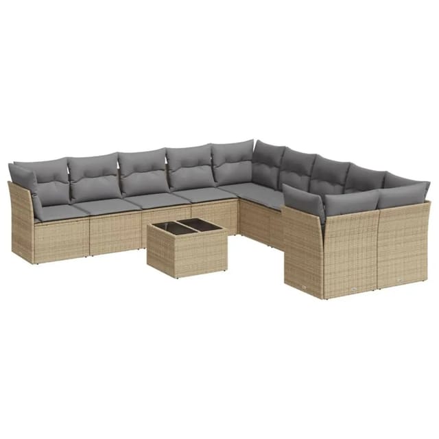 vidaXL 11-Tlg Garten-Sofagarnitur mit Kissen Beige Poly Rattan 3250088