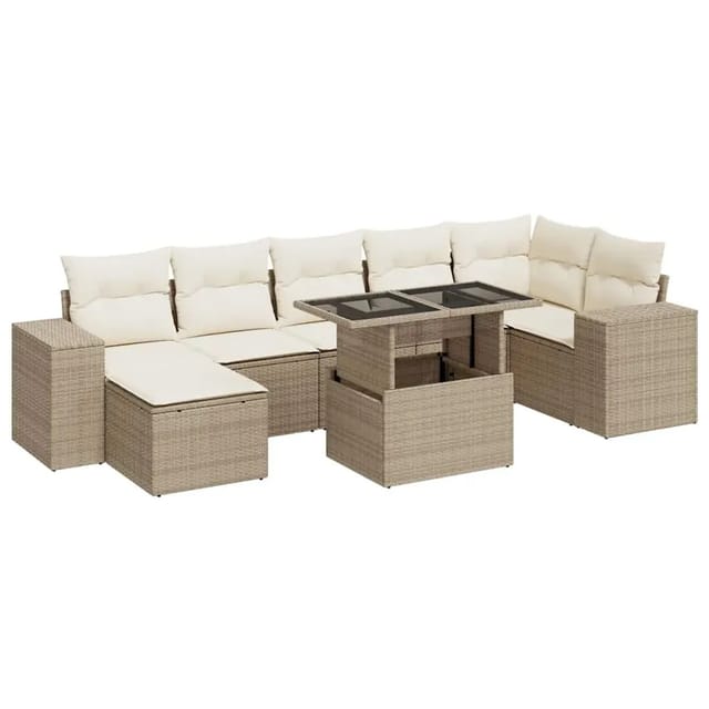 vidaXL 8-Tlg Garten-Sofagarnitur mit Kissen Beige Poly Rattan 3326839
