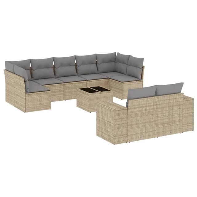 vidaXL 10-Tlg Garten-Sofagarnitur mit Kissen Beige Poly Rattan 3255366