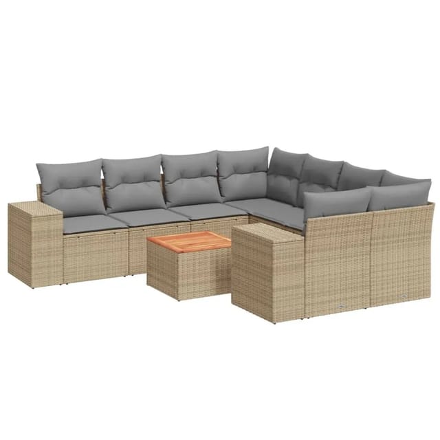 vidaXL 9-Tlg Garten-Sofagarnitur mit Kissen Beige Poly Rattan 3225373
