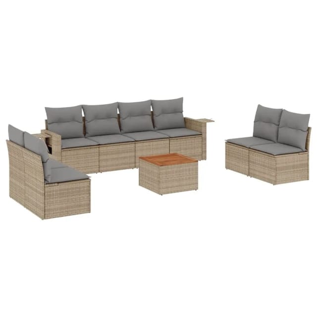 vidaXL 9-Tlg Garten-Sofagarnitur mit Kissen Beige Poly Rattan 3256857
