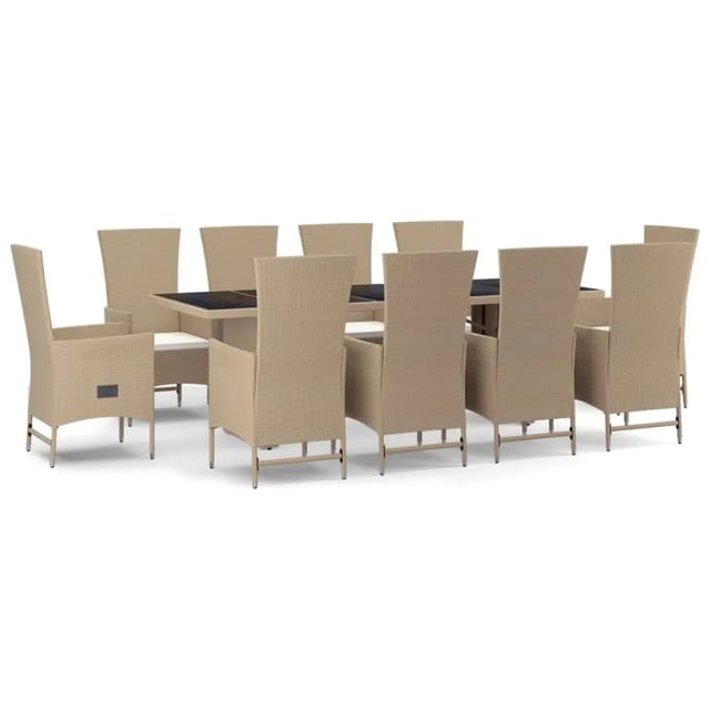 vidaXL 11-Tlg Garten-Essgruppe mit Kissen Beige Poly Rattan 3157574
