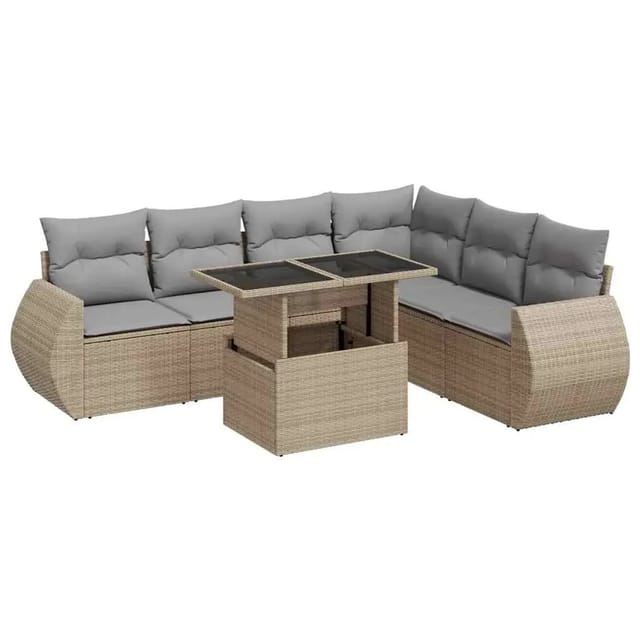 vidaXL 7-Tlg Garten-Sofagarnitur mit Kissen Beige Poly Rattan 3326650