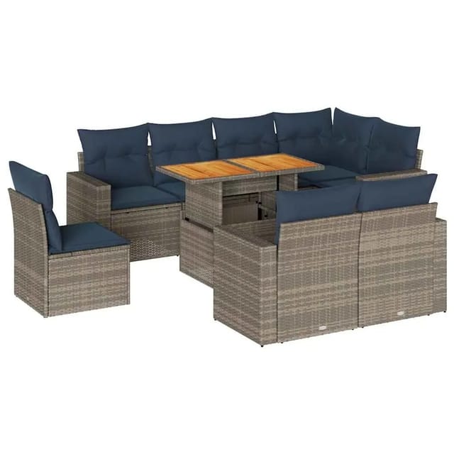 vidaXL 9-Tlg Garten-Sofagarnitur mit Kissen Grau Poly Rattan 3327057