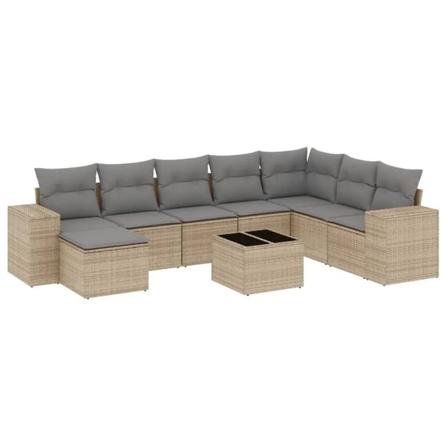 vidaXL 9-Tlg Garten-Sofagarnitur mit Kissen Beige Poly Rattan 3255306