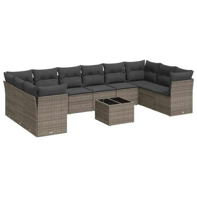 vidaXL 11-Tlg Garten-Sofagarnitur mit Kissen Grau Poly Rattan 3218210