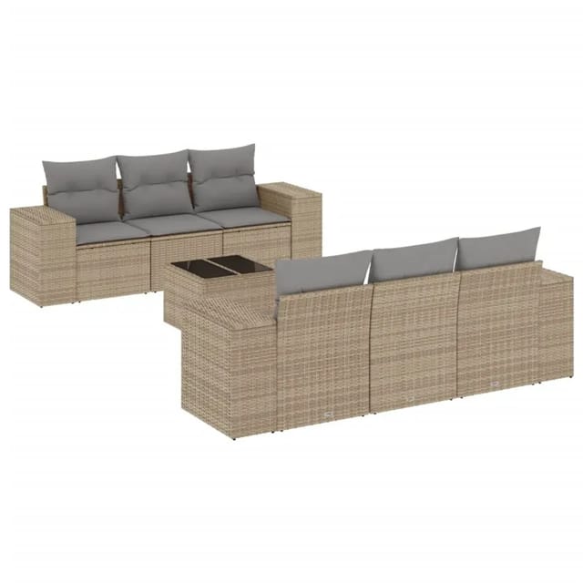 vidaXL 7-Tlg Garten-Sofagarnitur mit Kissen Beige Poly Rattan 3254646