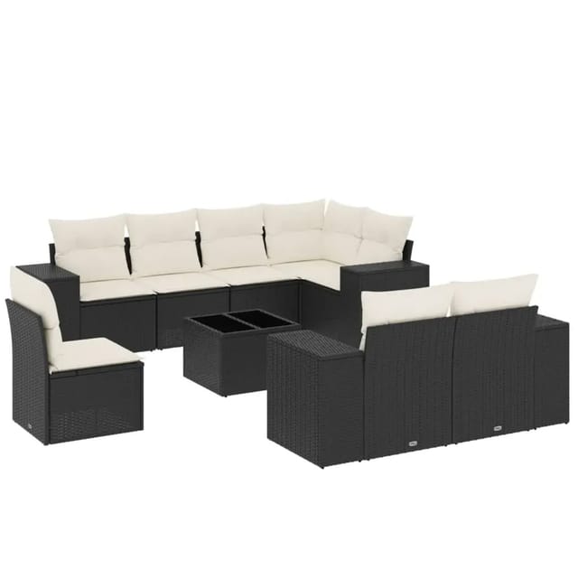 vidaXL 9-Tlg Garten-Sofagarnitur mit Kissen Schwarz Poly Rattan 3222845