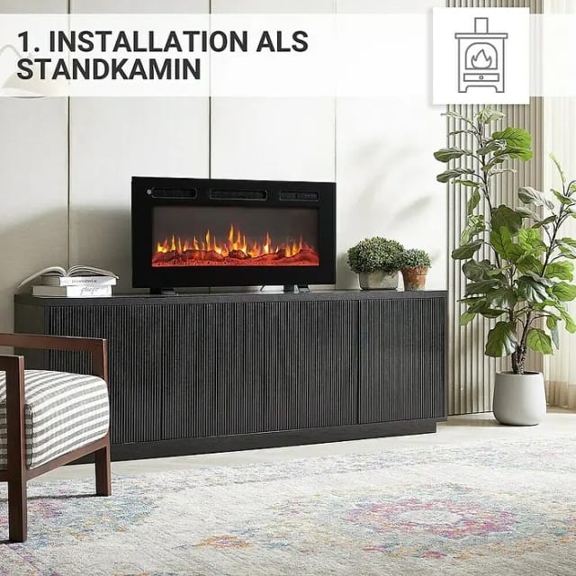 BALDERIA LE-36 Elektrokamin Standkamin oder Wandkamin oder Einbaukamin Heizung 3D-Flammeneffekt Schwarz