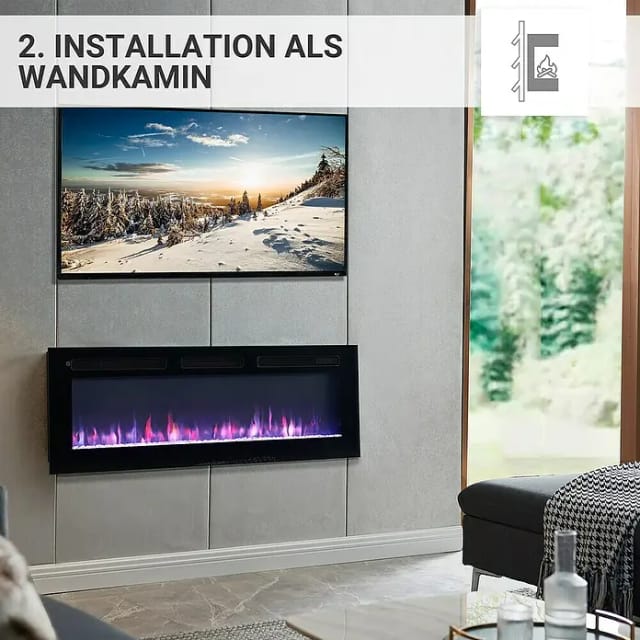 BALDERIA LE-50 Elektrokamin Standkamin oder Wandkamin oder Einbaukamin Heizung 3D-Flammeneffekt Schwarz