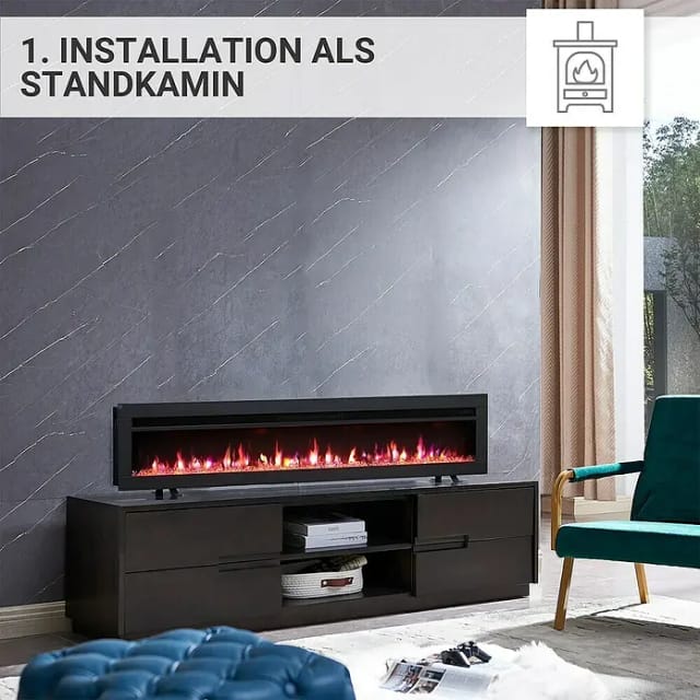 BALDERIA AG-60 Elektrokamin Wandkamin oder Einbaukamin Heizung 3D-Flammeneffekt Schwarz