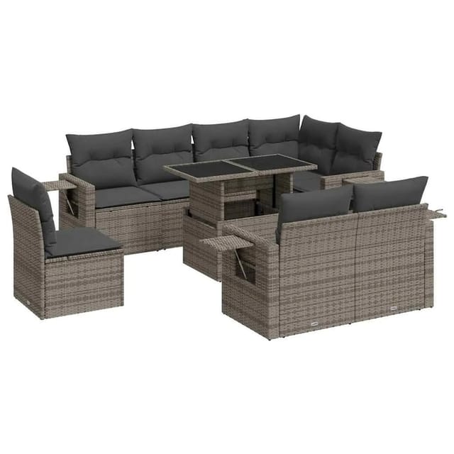 vidaXL 9-Tlg Garten-Sofagarnitur mit Kissen Grau Poly Rattan 3326501