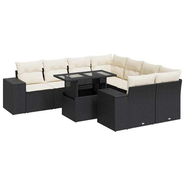 vidaXL 9-Tlg Garten-Sofagarnitur mit Kissen Schwarz Poly Rattan 3326767