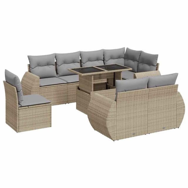 vidaXL 9-Tlg Garten-Sofagarnitur mit Kissen Beige Poly Rattan 3326660