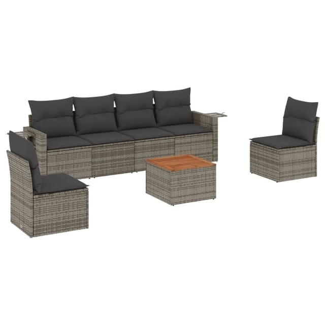 vidaXL 7-Tlg Garten-Sofagarnitur mit Kissen Grau Poly Rattan 3256844