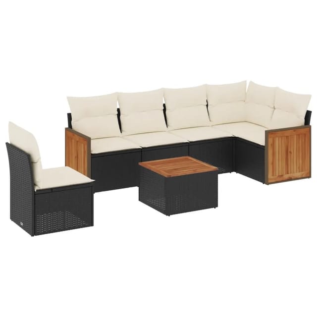 vidaXL 7-Tlg Garten-Sofagarnitur mit Kissen Schwarz Poly Rattan 3260103