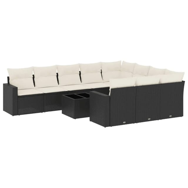 vidaXL 11-Tlg Garten-Sofagarnitur mit Kissen Schwarz Poly Rattan 3219486