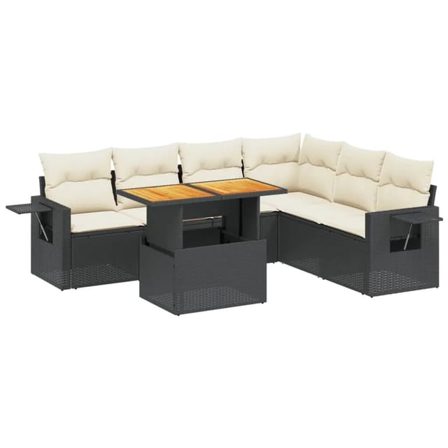 vidaXL 7-Tlg Garten-Sofagarnitur mit Kissen Schwarz Poly Rattan 3271770