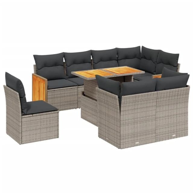 vidaXL 9-Tlg Garten-Sofagarnitur mit Kissen Grau Poly Rattan 3274056