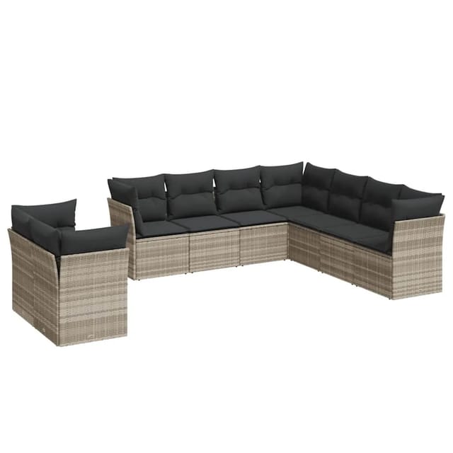 vidaXL 9-Tlg Garten-Sofagarnitur mit Kissen Hellgrau Poly Rattan 3217842