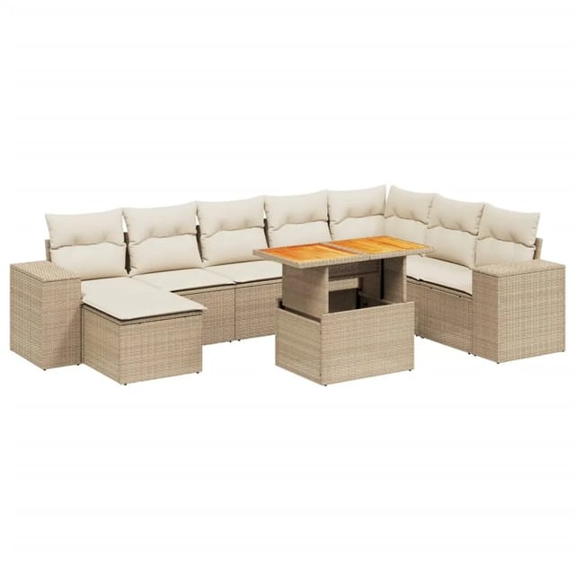 vidaXL 9-Tlg Garten-Sofagarnitur mit Kissen Beige Poly Rattan 3272773