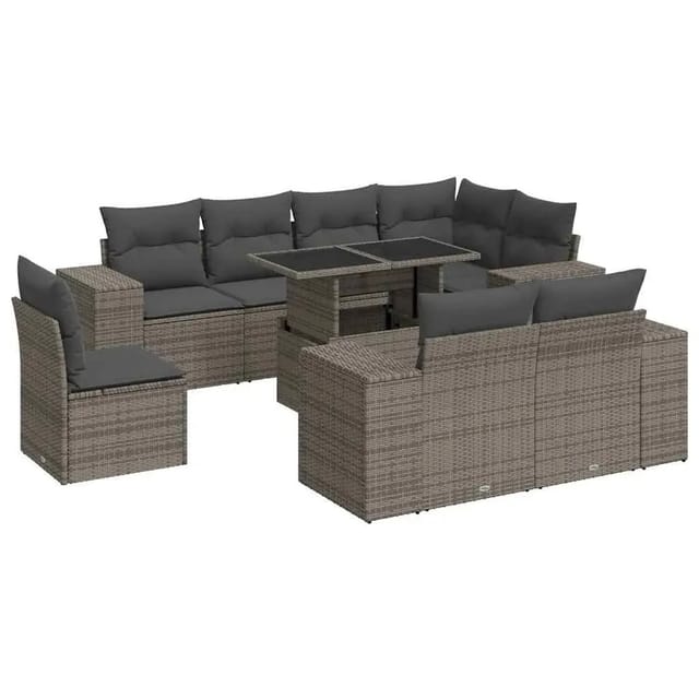 vidaXL 9-Tlg Garten-Sofagarnitur mit Kissen Grau Poly Rattan 3326821