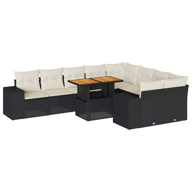 vidaXL 10-Tlg Garten-Sofagarnitur mit Kissen Schwarz Poly Rattan 3327416