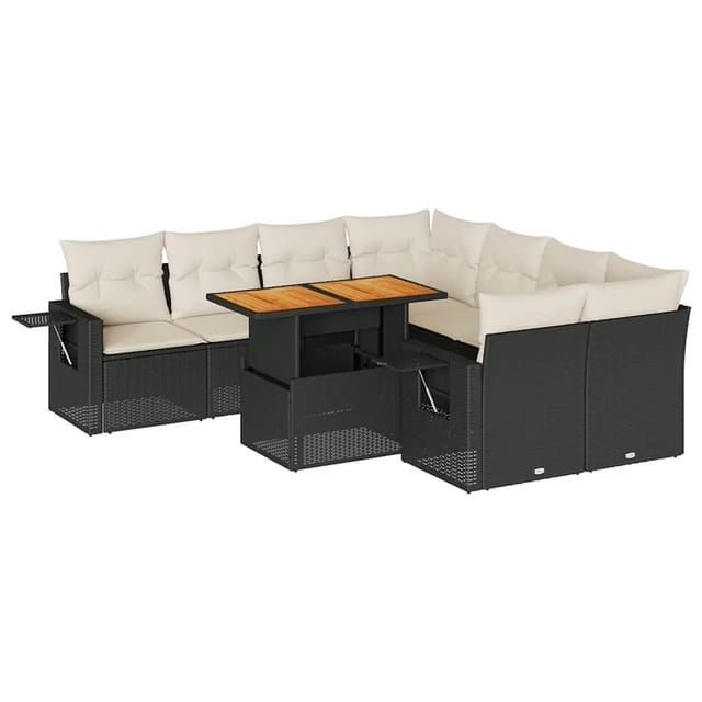 vidaXL 9-Tlg Garten-Sofagarnitur mit Kissen Schwarz Poly Rattan 3327129