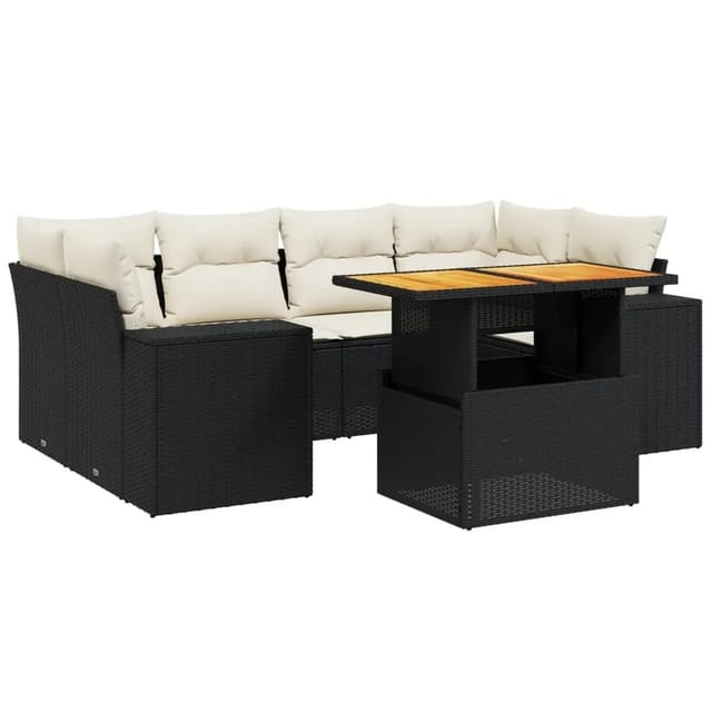 vidaXL 7-Tlg Garten-Sofagarnitur mit Kissen Schwarz Poly Rattan 3272533