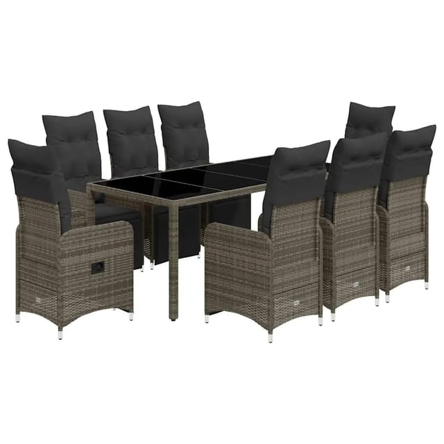 vidaXL 9-Tlg Garten-Bistro-Set mit Kissen Grau Poly Rattan 3277170