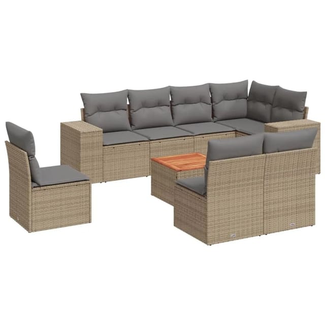 vidaXL 9-Tlg Garten-Sofagarnitur mit Kissen Beige Poly Rattan 3225485