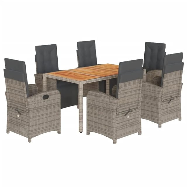 vidaXL 7-Tlg Garten-Essgruppe mit Kissen Grau Poly Rattan 3212483