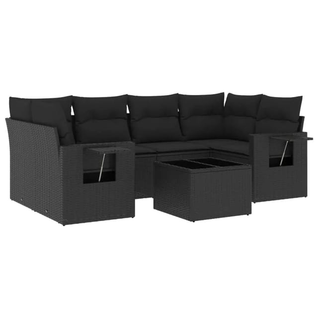vidaXL 7-Tlg Garten-Sofagarnitur mit Kissen Schwarz Poly Rattan 3219914
