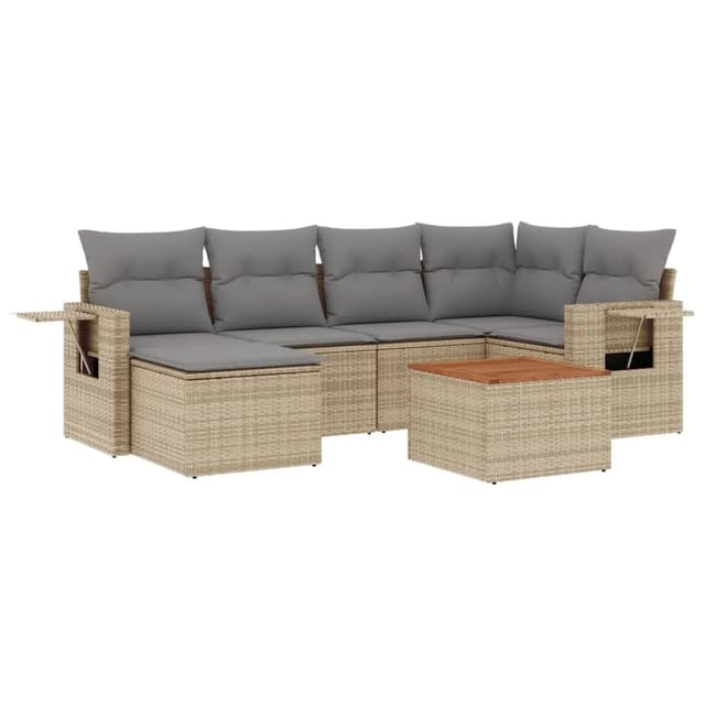 vidaXL 7-Tlg Garten-Sofagarnitur mit Kissen Beige Poly Rattan 3256997