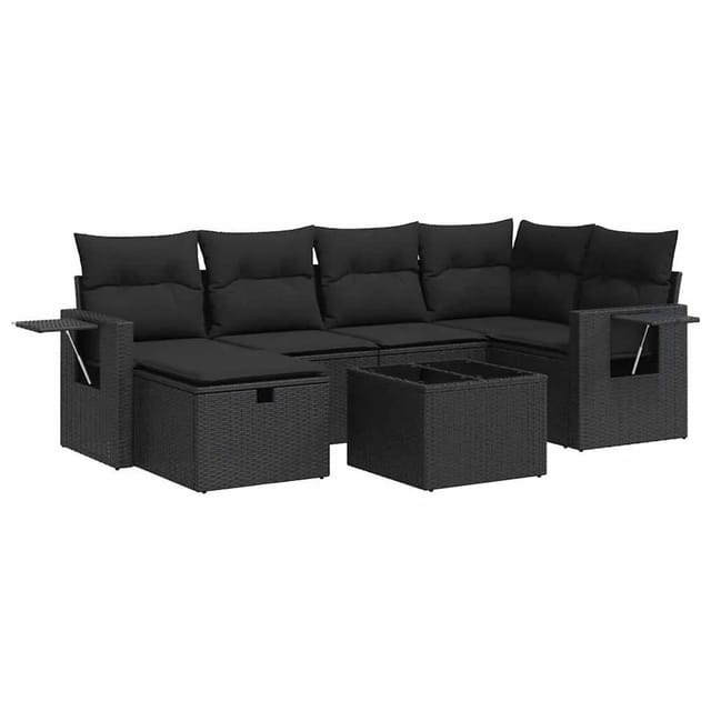 vidaXL 7-Tlg Garten-Sofagarnitur mit Kissen Schwarz Poly Rattan 3325491