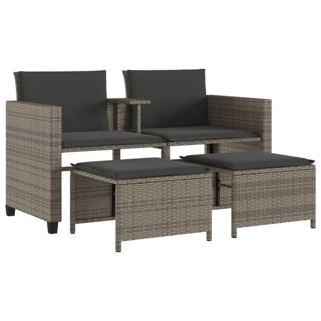 vidaXL Gartensofa 2-Sitzer mit Tisch und Hockern Grau Poly Rattan 368418