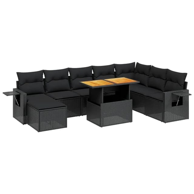 vidaXL 9-Tlg Garten-Sofagarnitur mit Kissen Schwarz Poly Rattan 3275736