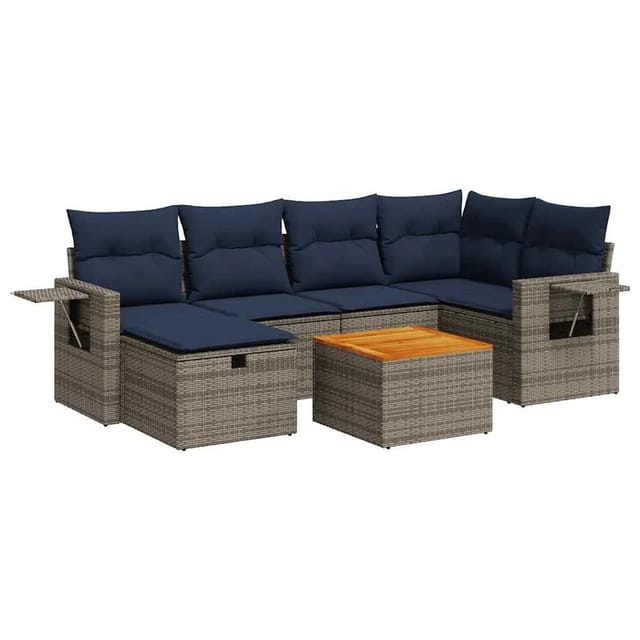 vidaXL 7-Tlg Garten-Sofagarnitur mit Kissen Grau Poly Rattan 3325820