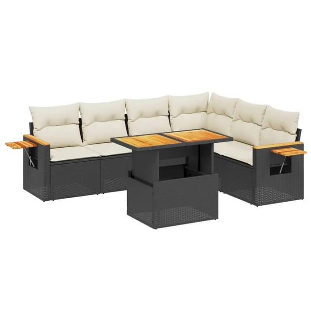vidaXL 7-Tlg Garten-Sofagarnitur mit Kissen Schwarz Poly Rattan 3273534