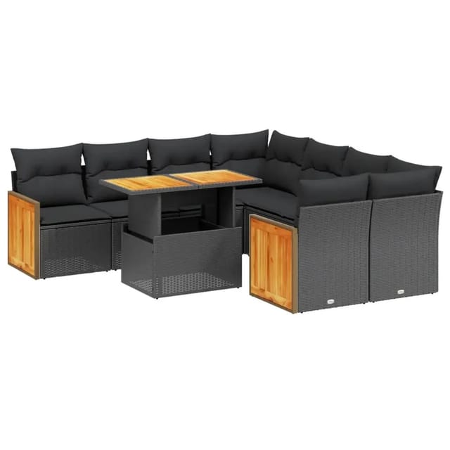 vidaXL 9-Tlg Garten-Sofagarnitur mit Kissen Schwarz Poly Rattan 3273883