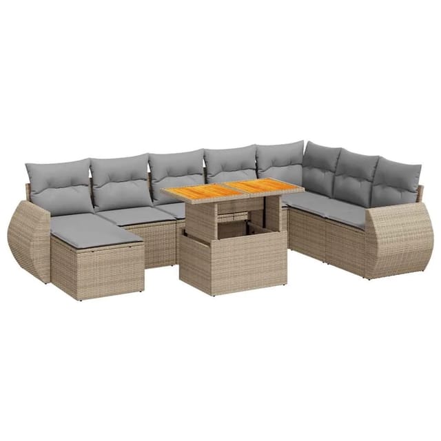 vidaXL 9-Tlg Garten-Sofagarnitur mit Kissen Beige Poly Rattan 3327300