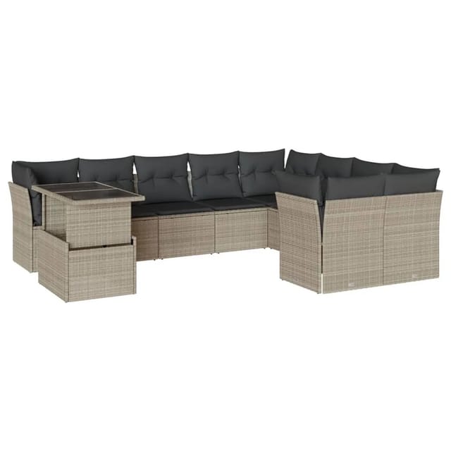 vidaXL 10-Tlg Garten-Sofagarnitur mit Kissen Hellgrau Poly Rattan 3266852