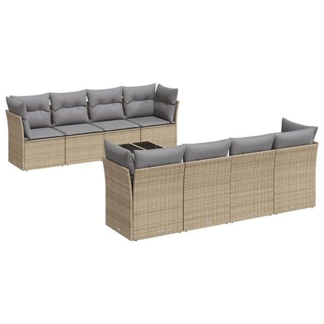 vidaXL 9-Tlg Garten-Sofagarnitur mit Kissen Beige Poly Rattan 3249148