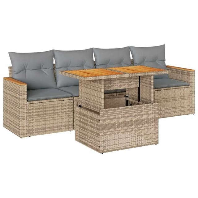 vidaXL 5-Tlg Garten-Sofagarnitur mit Kissen Beige Poly Rattan Akazie 3327433